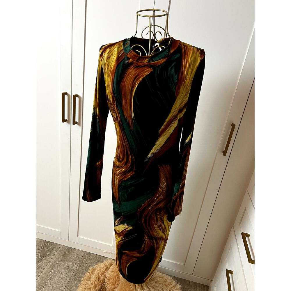 Fashion Nova Green Combo Printed Long Sleeve Bodycon Midi Dress Size XL